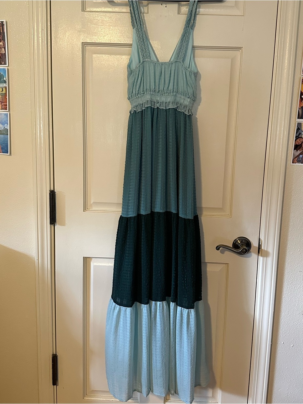 Slate & Willow Three-Tier Maxi Dress in Light Blue and Teal
